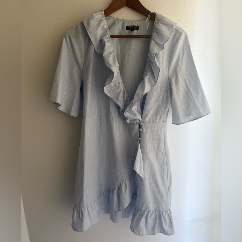 TOPSHOP Light Blue Ruffled Mini Dress - Cotton - Blue/White - Size 6 - Like New!